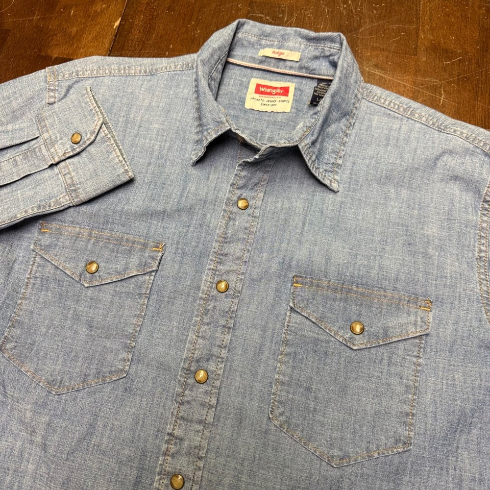 Wrangler Pearl Snap Chambray Shirt Men L Blue Indigo Western Long Sleeve